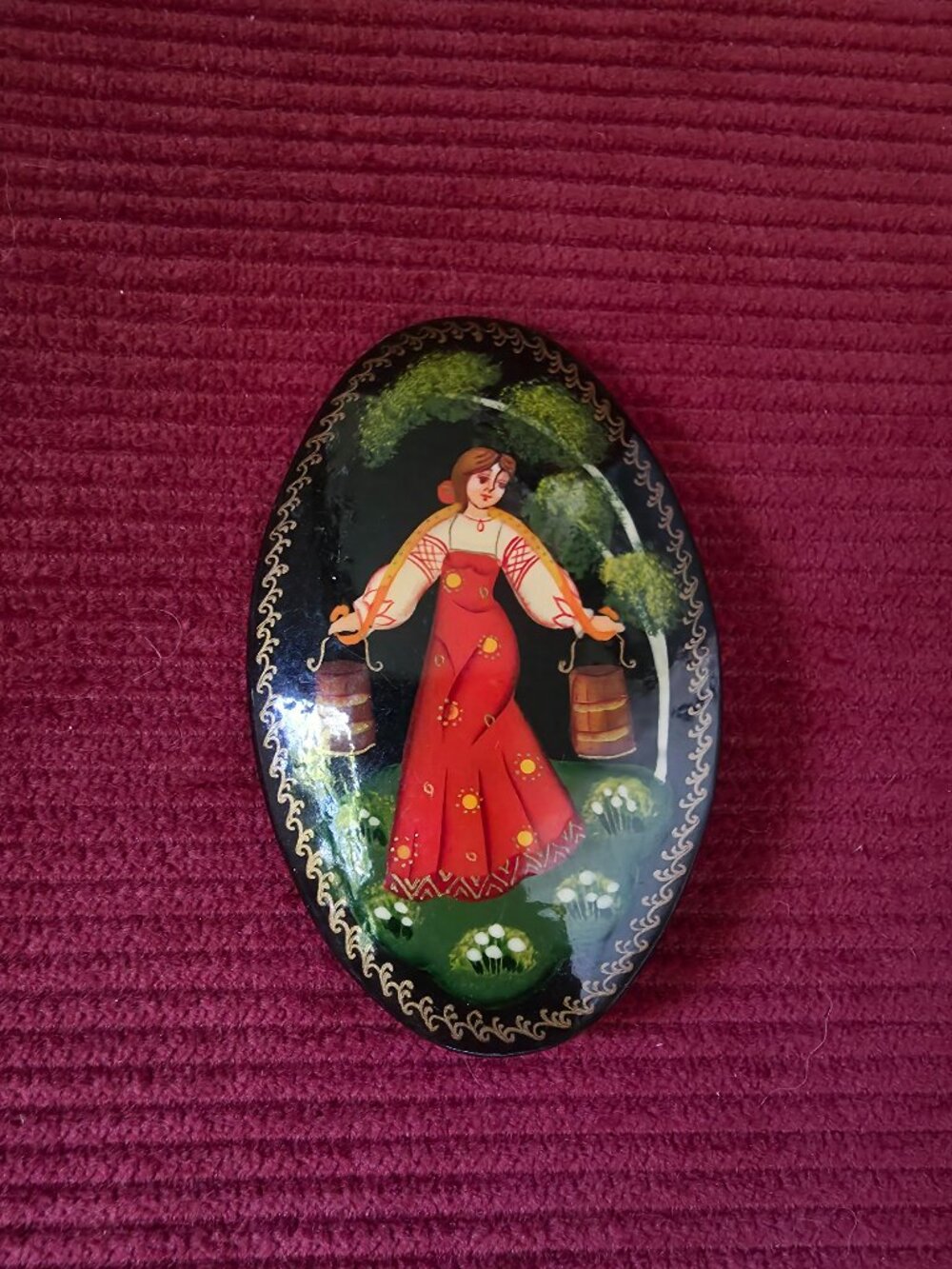 Brooch, Signed Hand-Painted Russian Lacquer Slavic Folk Art Pin, Miniature